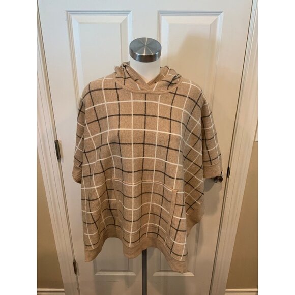 Tahari Tan Hooded Poncho W/ Black & White Plaid Pattern,  Size OS - Picture 1 of 6